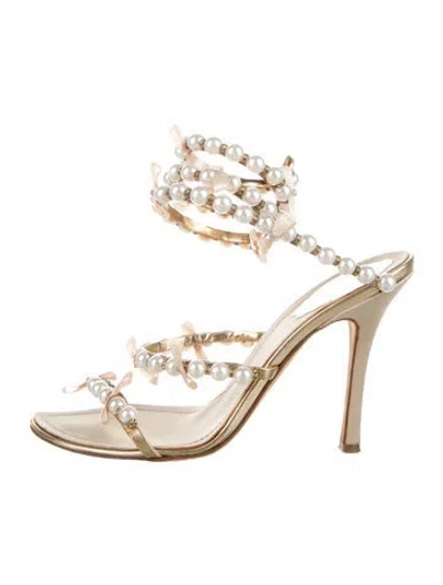 Pre-owned René Caovilla Leather Bow Accents Sandals In Gold