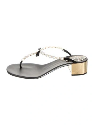Pre-owned René Caovilla Leather Bow Accents Slides In Black