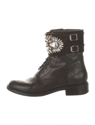 Pre-owned René Caovilla Leather Crystal Embellishments Combat Boots In Black