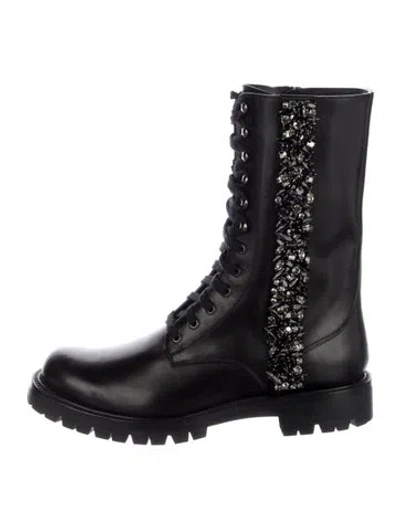 Pre-owned René Caovilla Leather Crystal Embellishments Combat Boots In Black