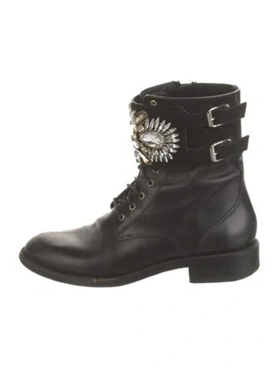 Pre-owned René Caovilla Leather Crystal Embellishments Combat Boots In Black
