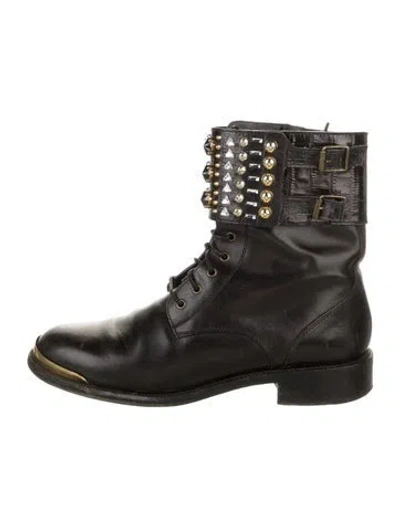 Pre-owned René Caovilla Leather Crystal Embellishments Combat Boots In Black