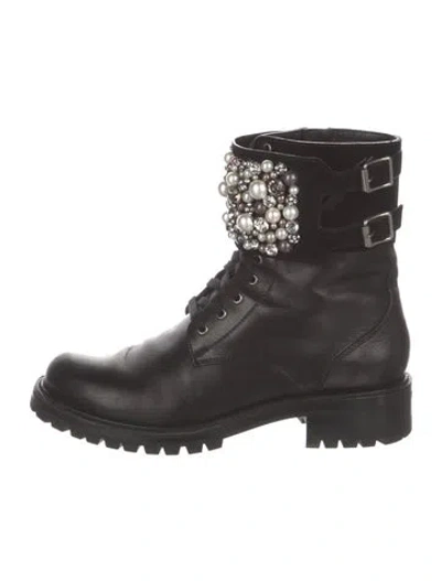 Pre-owned René Caovilla Leather Crystal Embellishments Combat Boots In Black