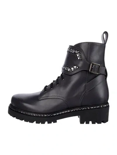 Pre-owned René Caovilla Leather Crystal Embellishments Combat Boots In Black