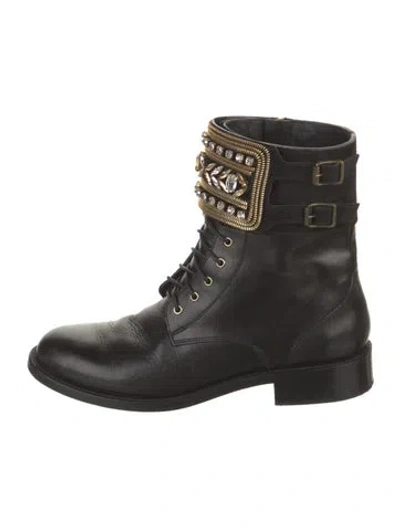 Pre-owned René Caovilla Leather Crystal Embellishments Combat Boots In Black