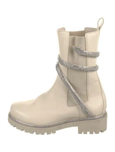 Pre-owned René Caovilla Leather Crystal Embellishments Combat Boots In Neutral