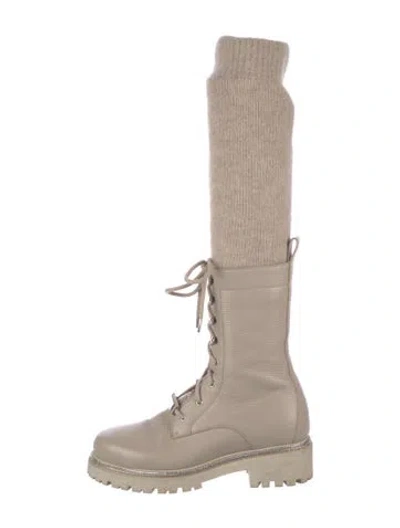 Pre-owned René Caovilla Leather Crystal Embellishments Combat Boots In Neutral