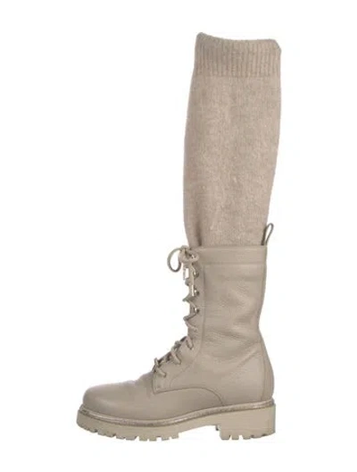 Pre-owned René Caovilla Leather Crystal Embellishments Combat Boots In Neutral
