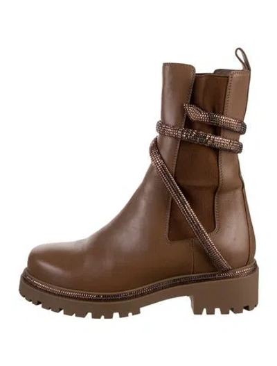 Pre-owned René Caovilla Leather Crystal Embellishments Combat Boots In Neutrals