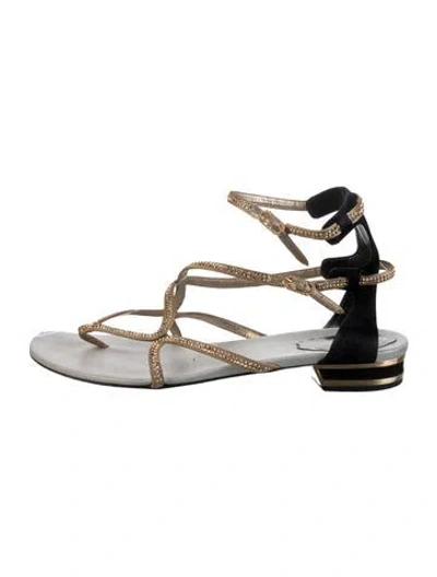 Pre-owned René Caovilla Leather Crystal Embellishments Gladiator Sandals In Neutral