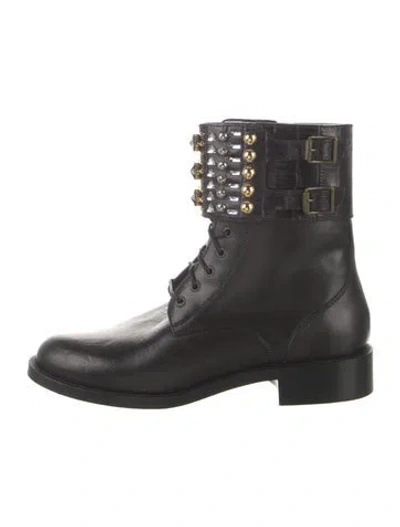 Pre-owned René Caovilla Leather Crystal Embellishments Lace-up Boots In Black