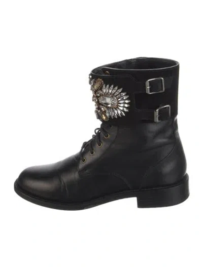 Pre-owned René Caovilla Leather Crystal Embellishments Lace-up Boots In Black