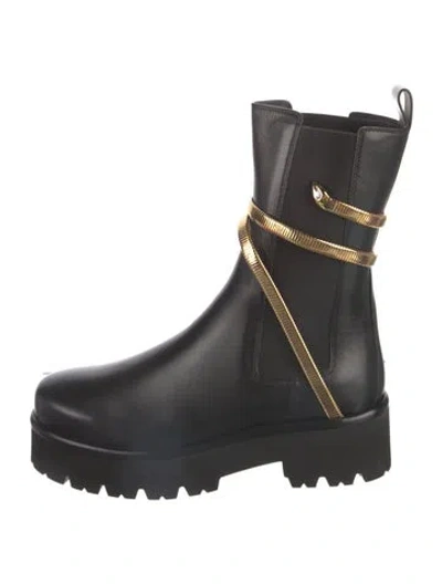 Pre-owned René Caovilla Leather Crystal Embellishments Moto Boots In Black