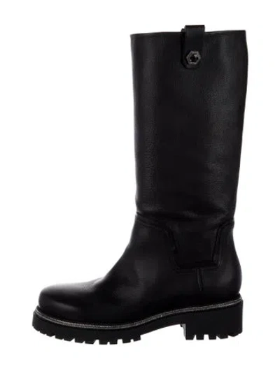 Pre-owned René Caovilla Leather Crystal Embellishments Moto Boots In Black