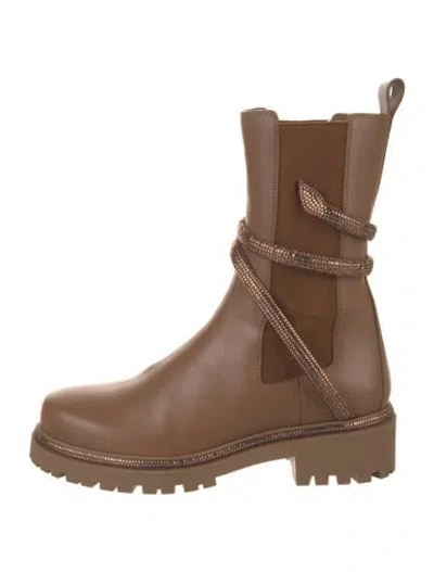 Pre-owned René Caovilla Leather Crystal Embellishments Moto Boots In Brown