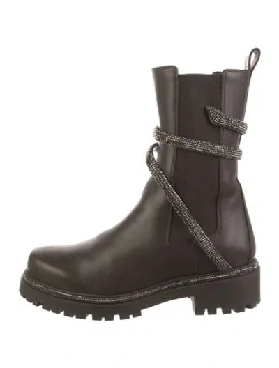 Pre-owned René Caovilla Leather Crystal Embellishments Moto Boots In Brown
