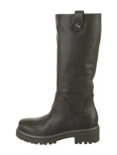 Pre-owned René Caovilla Leather Crystal Embellishments Moto Boots In Green