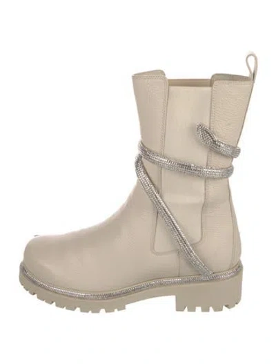 Pre-owned René Caovilla Leather Crystal Embellishments Moto Boots In Neutral