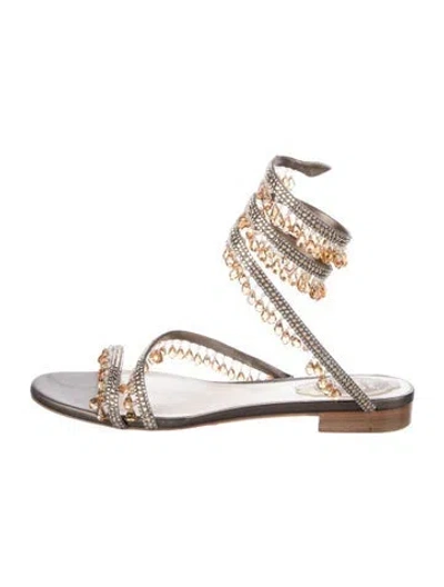 Pre-owned René Caovilla Leather Crystal Embellishments Sandals In Brown
