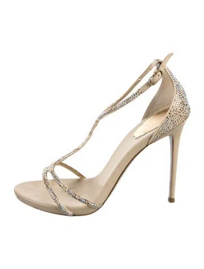 Pre-owned René Caovilla Leather Crystal Embellishments Sandals In Gold