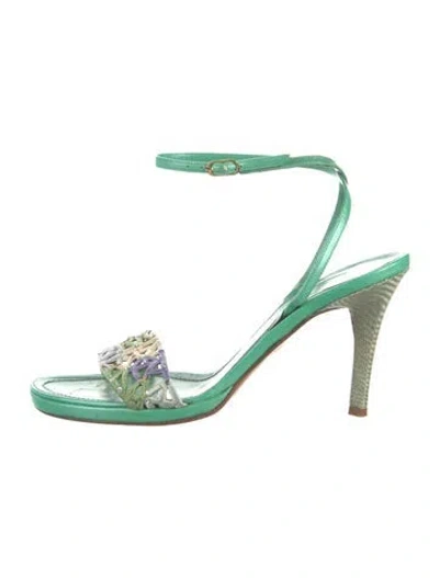 Pre-owned René Caovilla Leather Crystal Embellishments Sandals In Green