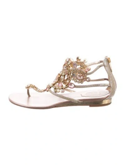 Pre-owned René Caovilla Leather Crystal Embellishments Sandals In Grey