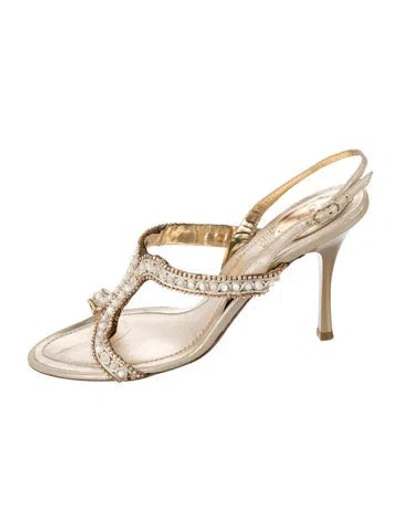 Pre-owned René Caovilla Leather Crystal Embellishments Sandals In Neutrals