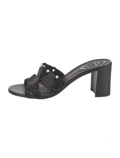 Pre-owned René Caovilla Leather Crystal Embellishments Slides In Black