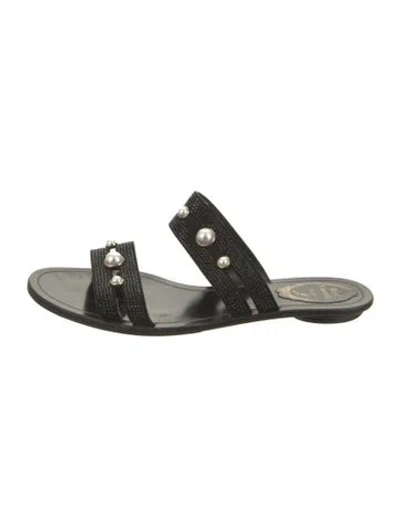 Pre-owned René Caovilla Leather Crystal Embellishments Slides In Black