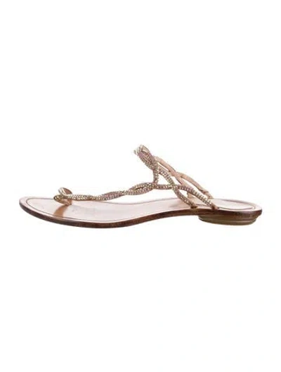 Pre-owned René Caovilla Leather Crystal Embellishments Slides In Neutral