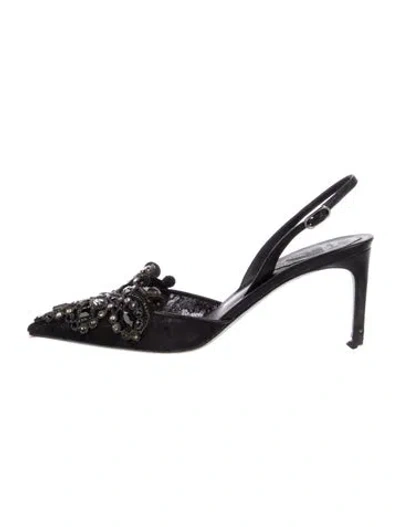 Pre-owned René Caovilla Leather Crystal Embellishments Slingback Pumps In Black
