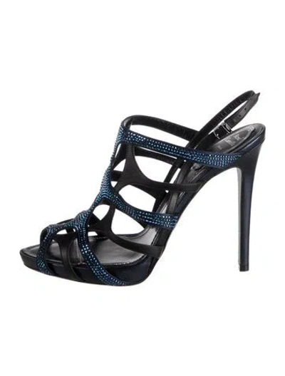 Pre-owned René Caovilla Leather Crystal Embellishments Slingback Pumps In Black/blue