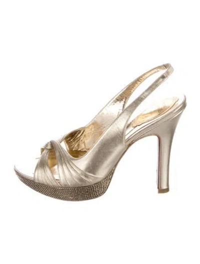 Pre-owned René Caovilla Leather Crystal Embellishments Slingback Pumps In Gold