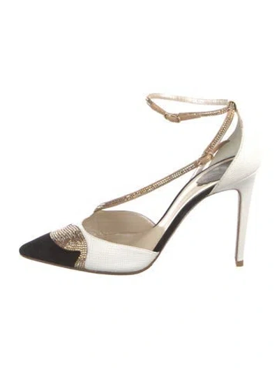 Pre-owned René Caovilla Leather Crystal Embellishments Slingback Pumps In White
