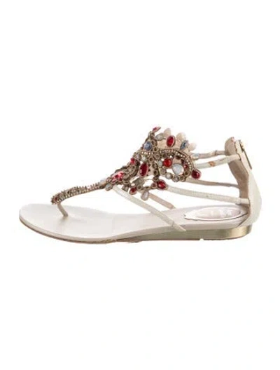 Pre-owned René Caovilla Leather Crystal Embellishments Slingback Sandals In White