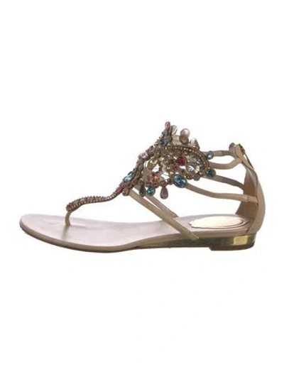 Pre-owned René Caovilla Leather Crystal Embellishments T-strap Sandals