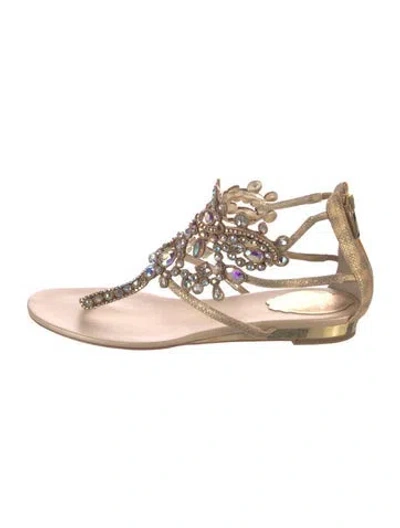 Pre-owned René Caovilla Leather Crystal Embellishments T-strap Sandals