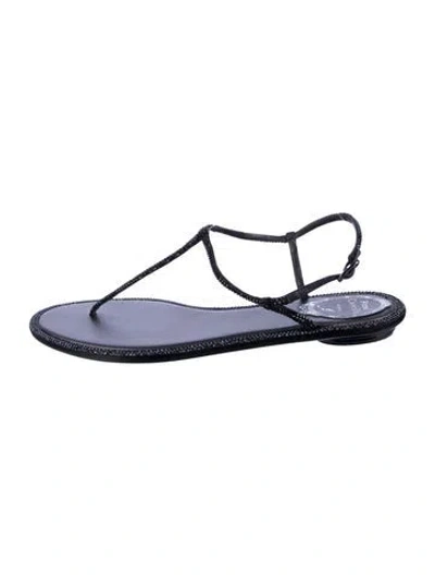Pre-owned René Caovilla Leather Crystal Embellishments T-strap Sandals In Black