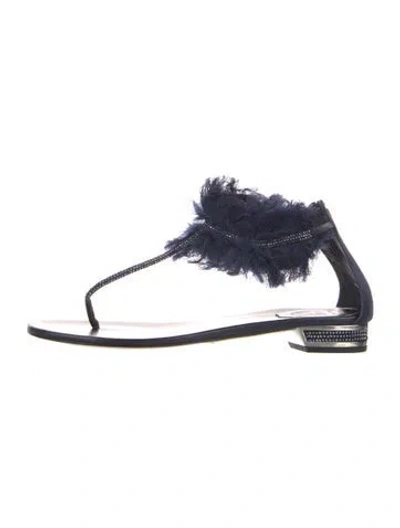 Pre-owned René Caovilla Leather Crystal Embellishments T-strap Sandals In Blue