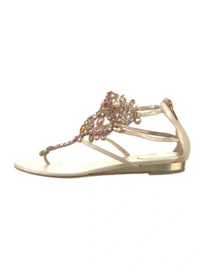 Pre-owned René Caovilla Leather Crystal Embellishments T-strap Sandals In Gold