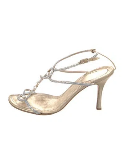 Pre-owned René Caovilla Leather Crystal Embellishments T-strap Sandals In Gold