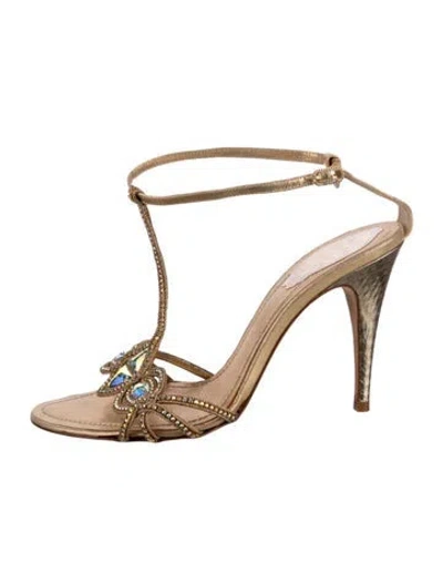 Pre-owned René Caovilla Leather Crystal Embellishments T-strap Sandals In Gold