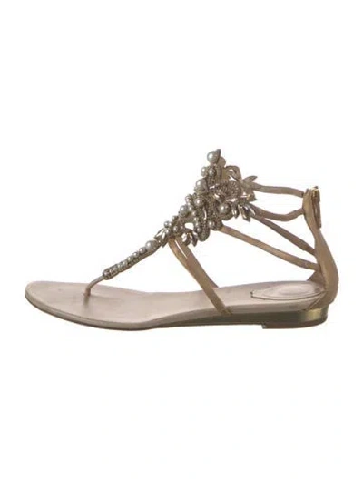 Pre-owned René Caovilla Leather Crystal Embellishments T-strap Sandals In Gray