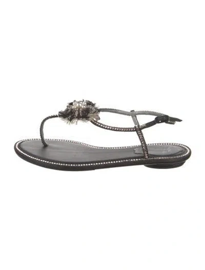 Pre-owned René Caovilla Leather Crystal Embellishments T-strap Sandals In Neutral