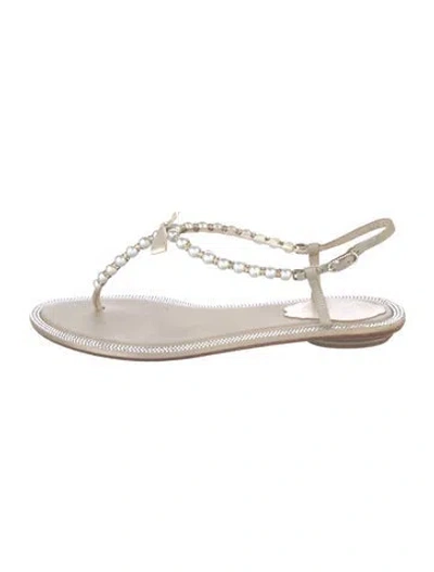 Pre-owned René Caovilla Leather Crystal Embellishments T-strap Sandals In Neutral