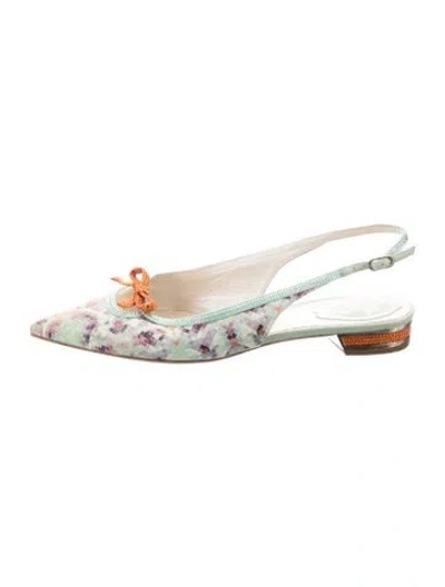 Pre-owned René Caovilla Leather Floral Print Slingback Flats In Blue