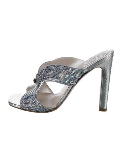 Pre-owned René Caovilla Leather Glitter Accents Sandals In Silver