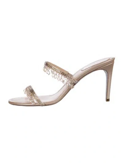 Pre-owned René Caovilla Leather Glitter Accents Slides In Neutral