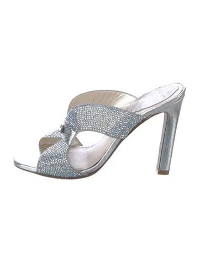 Pre-owned René Caovilla Leather Glitter Accents Slides In Silver