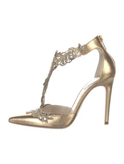 Pre-owned René Caovilla Leather Glitter Accents T-strap Pumps